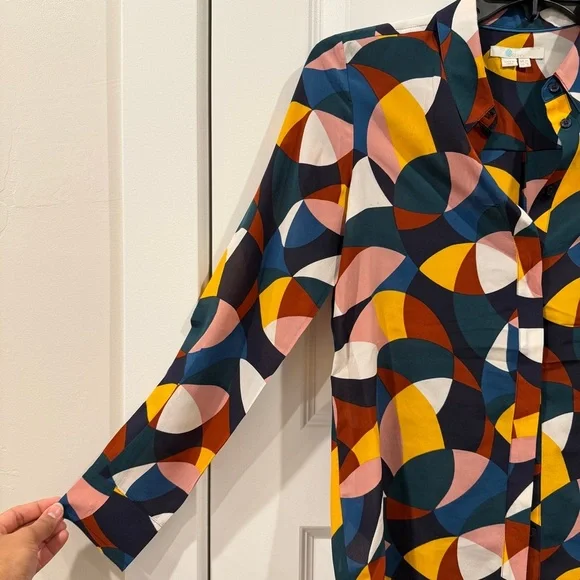 Boden 100% Silk Multicolor Geometric Print Button Down Blouse Shirt sz US6/UK10 - Picture 5 of 11